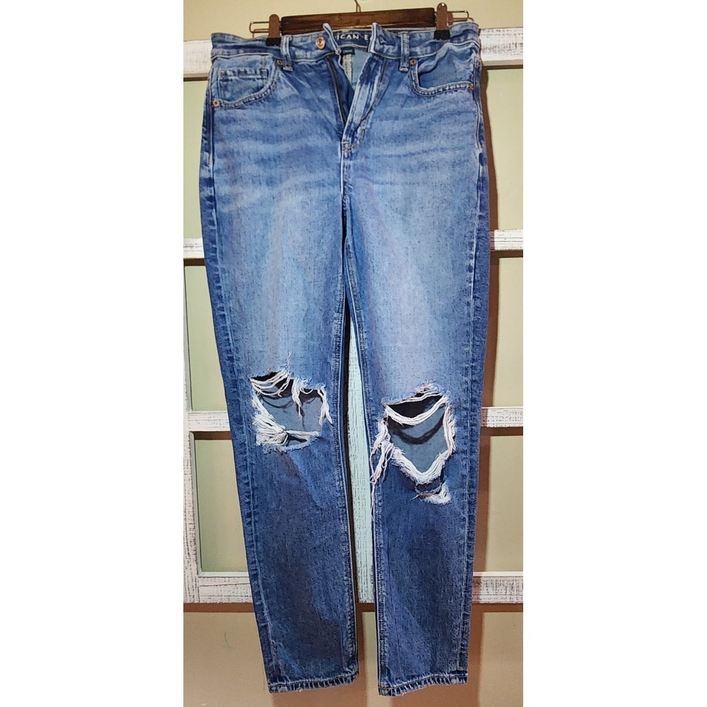 American Eagle Strigid Mom Jeans Blue Distressed High Rise Womens 4 Regular